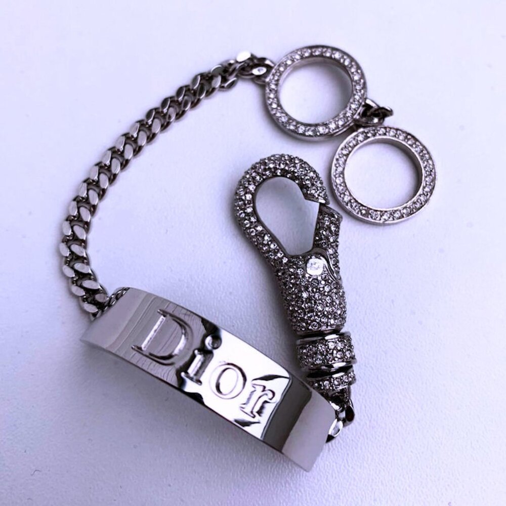 DIOR x John Galliano Vintage Silver Logo ID Curb Link Crystal Bracelet